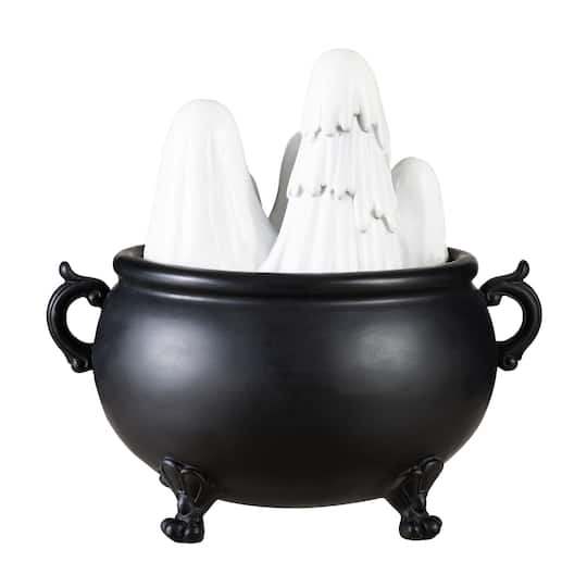 Glitzhome® 9" Halloween Lighted Polyresin Ghosts in Cauldron Table Decor with Timer